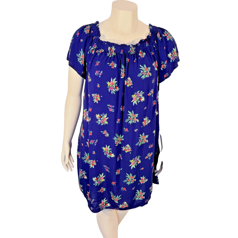 Peyton & Parker Casual Dress Size L Short Sleeve Gathered Neck Royal Blue Floral